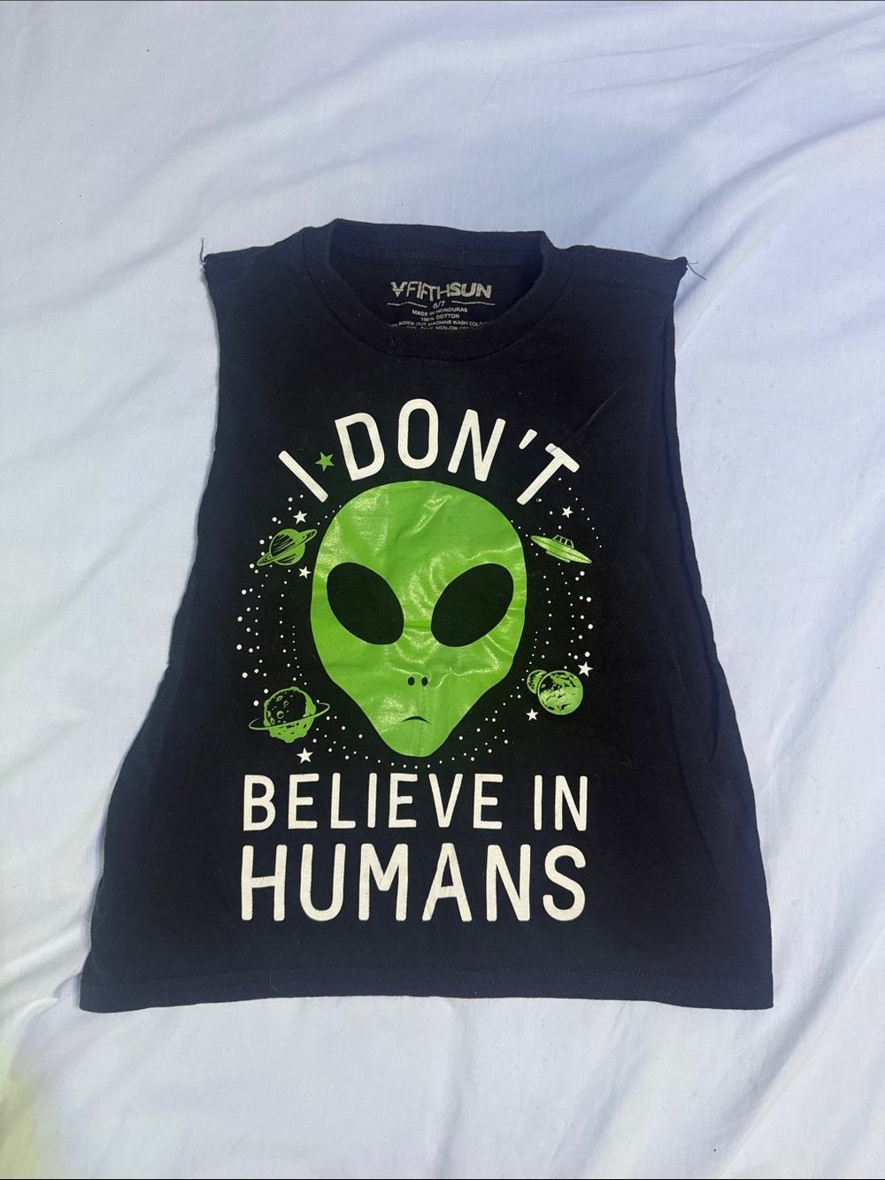 Fifth Sun Black Tank Top with Green Alien Graphic
